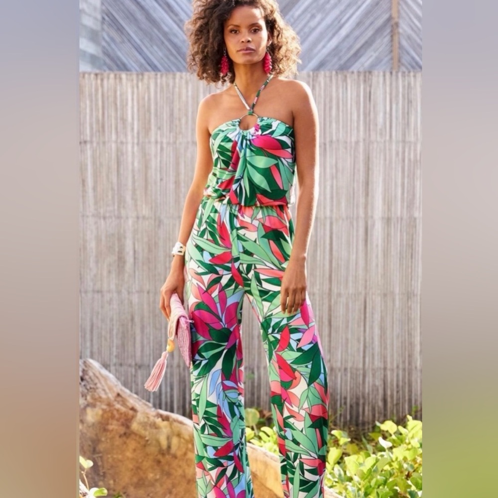 Boston Proper Tropical Palm Print Dela Halter Ring Jumpsuit Sz S